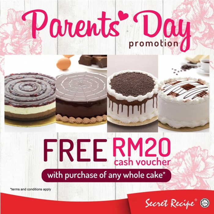 Free RM20 Cash Voucher For Purchase Of Whole Cake @ Secret Recipe