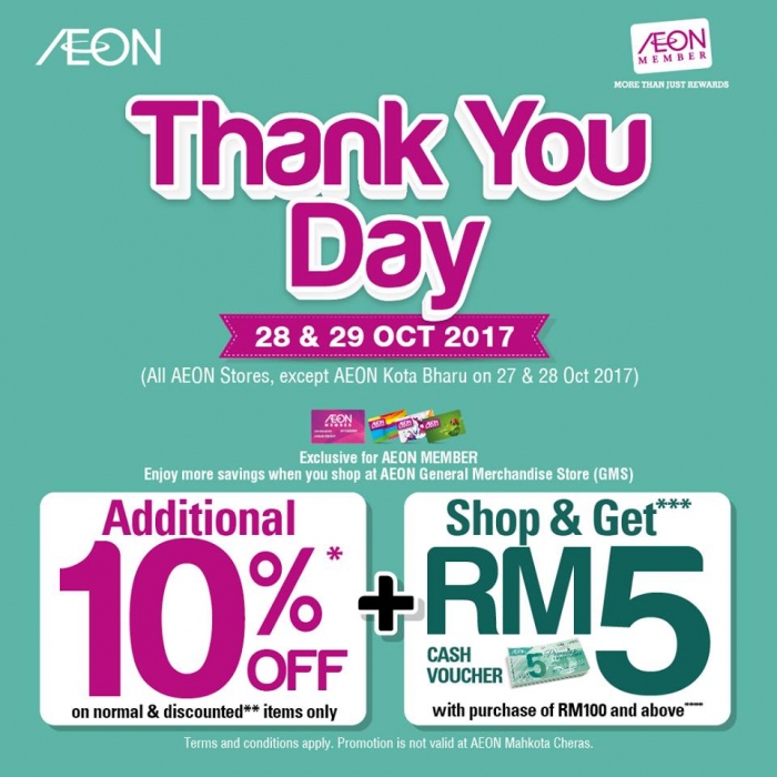 AEON Thank You Day - Additional 10% OFF + RM5 Voucher