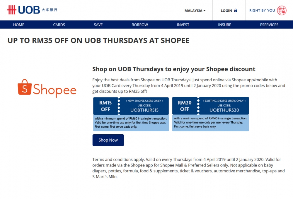 Get Discounts Up To RM35 Every Thursday on Shopee App with UOB Cards